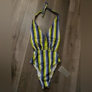 Striped Halter One-Piece Swimsuit in Blue and Lime